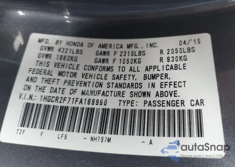 2015 Honda Accord Ex z USA, uszkodzony, nr VIN 1HGCR2F71FA169998